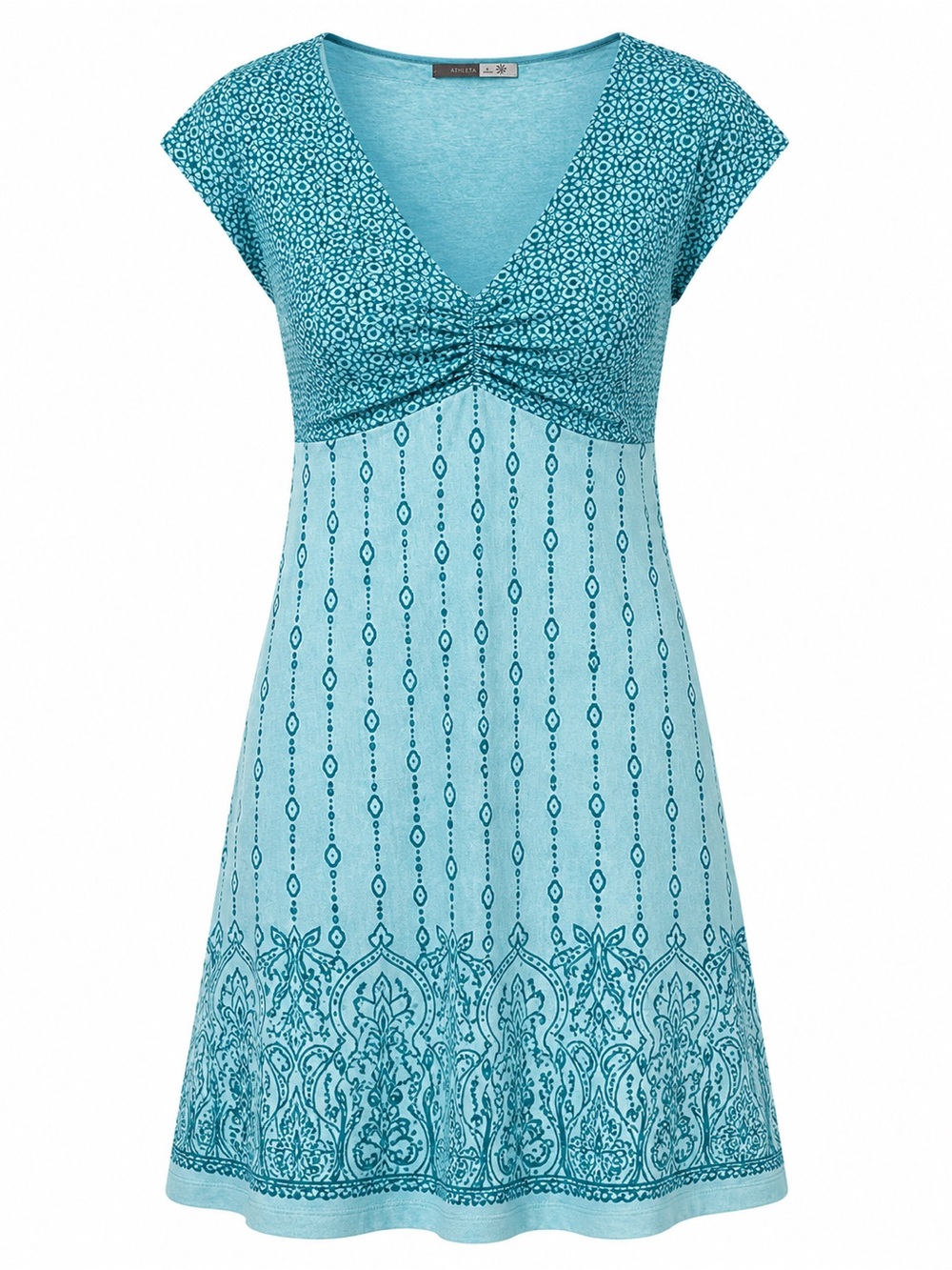 Athleta Teal Printed Ruched V-Neck Dress Sonoma Boho Casual Travel Sporty XL
